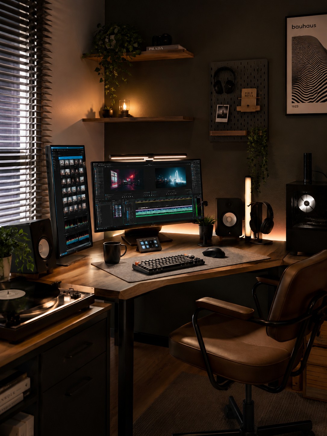 Curate Media's video editing desk setup with dual monitors running color grading and editing software